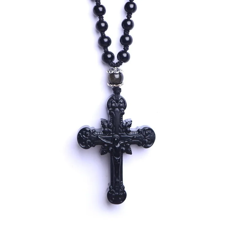 

New arrive natural black obsidian carving cross Jesus pendants necklace jewelry