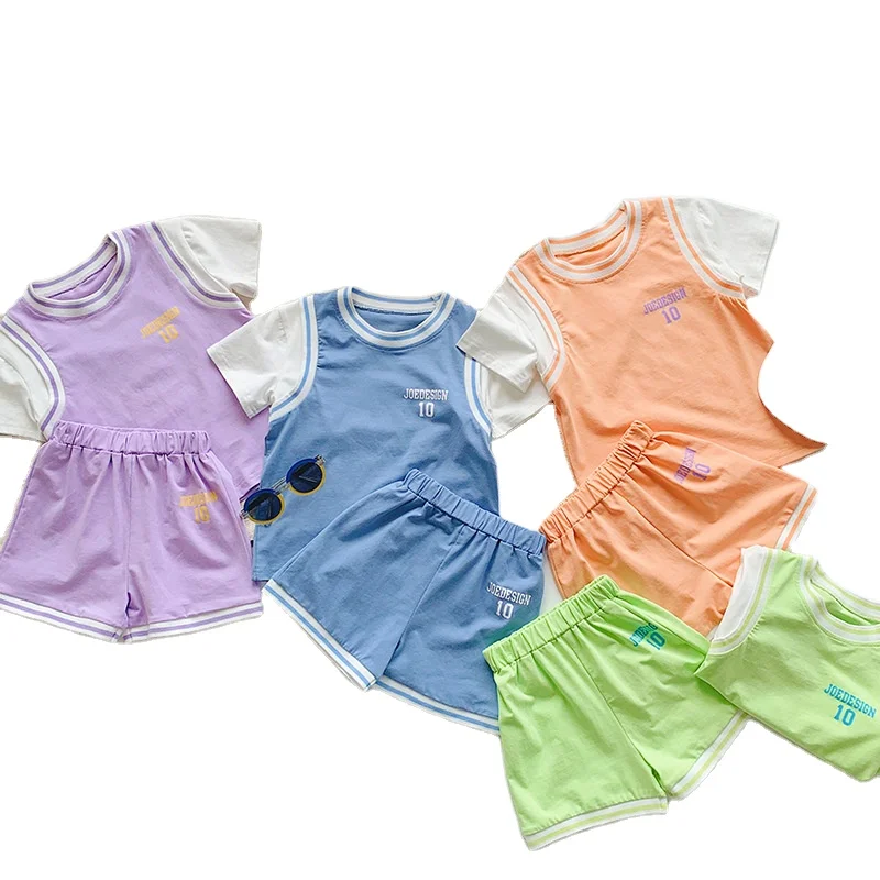 

New design kids sleeveless shirts and shorts baby girls' and boy's summer clothing sets children letter sportswear, As picture