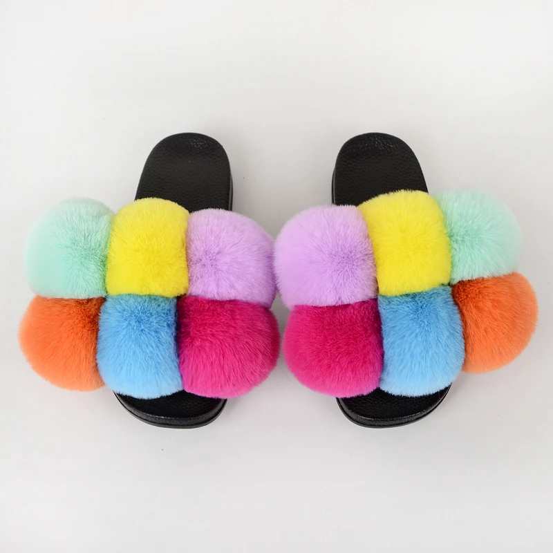 

Summer Women Slides For Women Fluffy Slippers fur slippers Faux Fur ball Slippers women