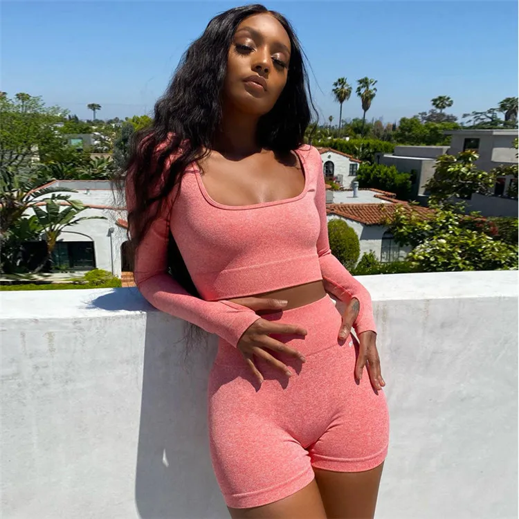 

Woman long sleeve fitness wear shorts and shirts crop top short set, As pic shown and support oem