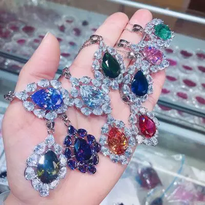 

Luxury High Quality Full Diamond Gemstone Oval Pendant Necklace Multi Color Shiny Zircon Water Drop Necklace For Women Wedding