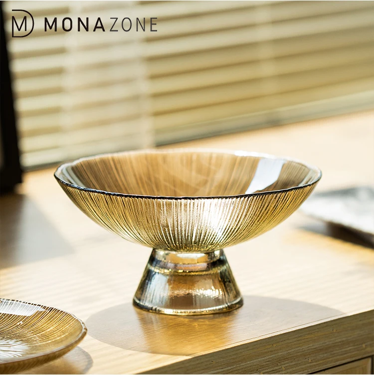 

MONAZONE Golden Style Large Capacity Glass Fruit Living Room Home Creative Snack Dish Dessert glass plate for wedding