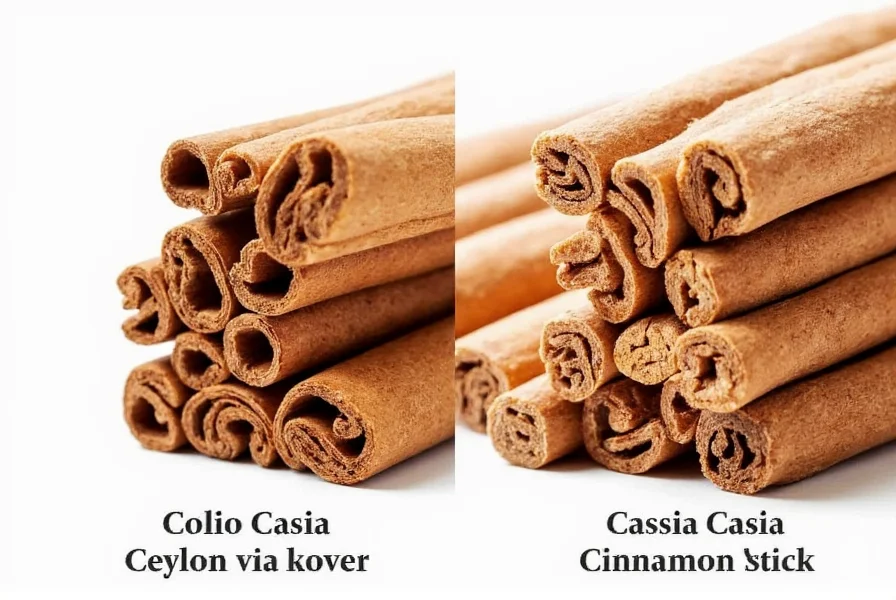 Close-up comparison of Ceylon cinnamon quills versus Cassia cinnamon sticks showing the multiple thin layers of Ceylon versus the single thick layer of Cassia