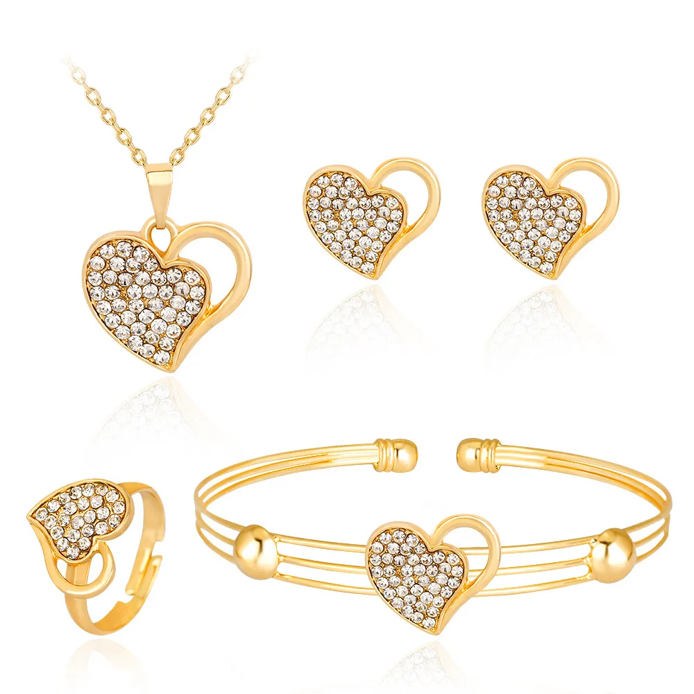 

Hollow Love Heart Gold-color Rhinestones Women Necklace Earrings Ring Bracelet Fashion Bridal Weddings Jewelry Sets