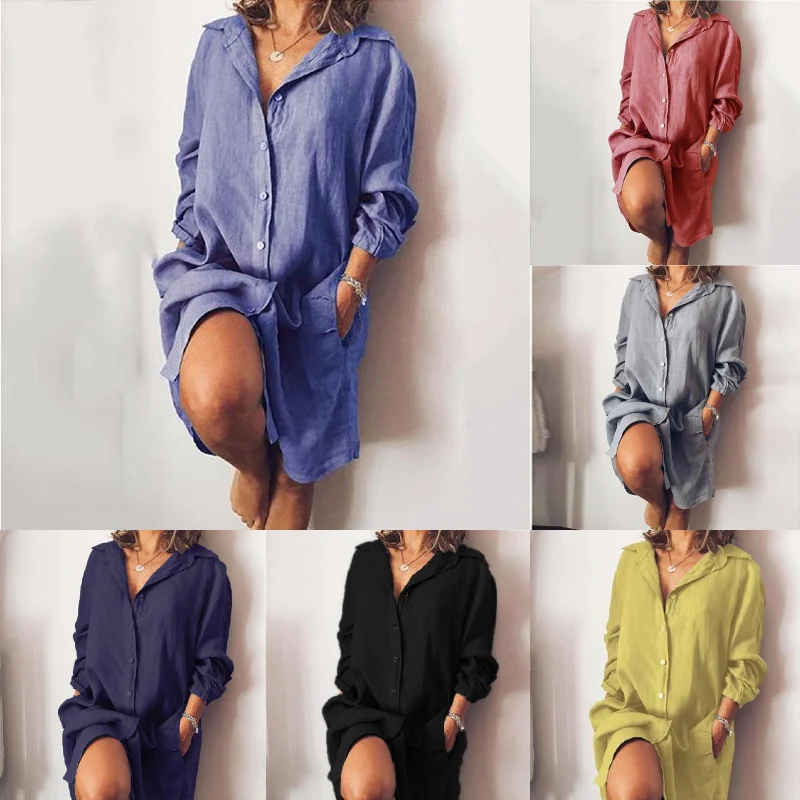 

2021 spring fall hot sale plus size casual women clothing loose double pockets long sleeve solid color shirts for women