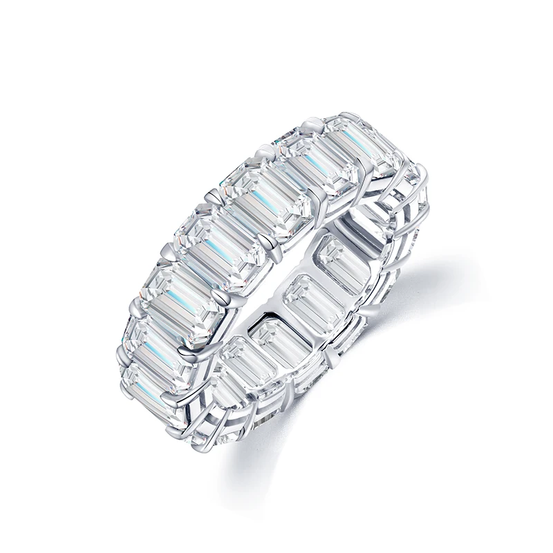 

Emerald Cut Simulated White diamond Eternity 9K 18K Gemstone Women Gold Ring with 16pcs emerald stone of 5.5*4mm, White, e, f