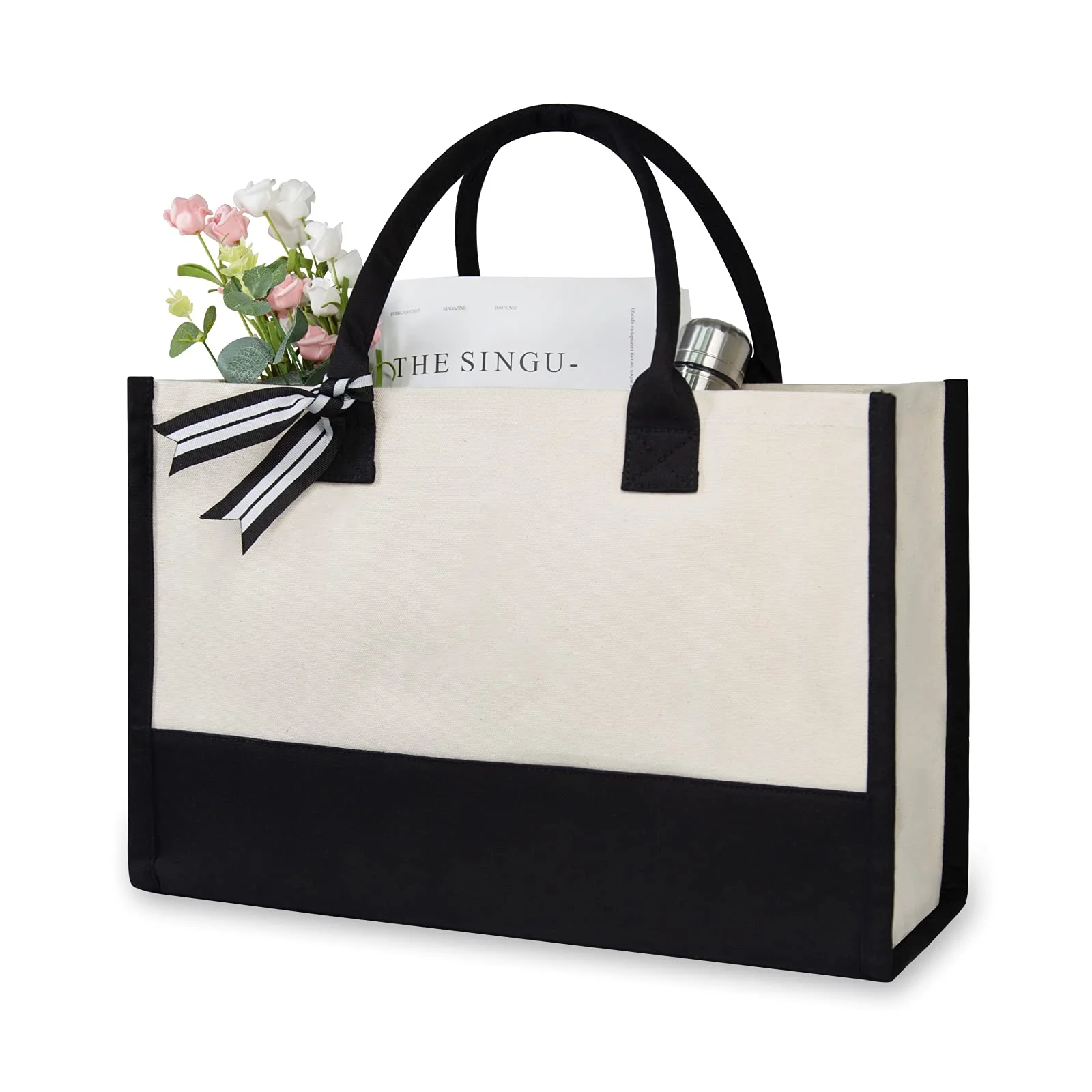 

Fashionable Multi Purpose Cream Color Women Handbags Cotton Shopping Beach Bag Two-tone Canvas Tote Bag Wit Black Handles
