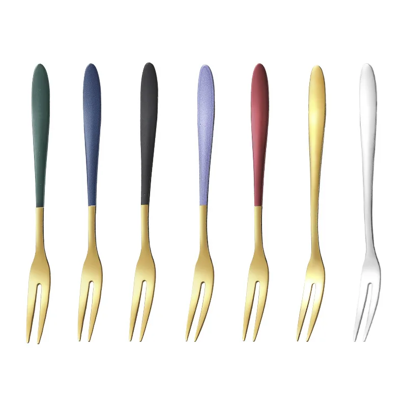 

Wholesale 304 Stainless Steel small fork Reusable metal Dessert Cake Forks Silver matte Gold Fruit Fork set