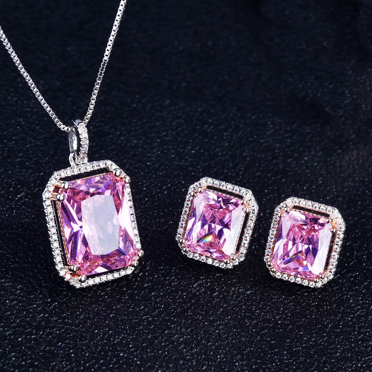 

S925 Ladies Gift 25 Silver Needle Gold Plated Earrings Rings Necklace Hot Selling Pink Square Diamond Jewelry Set, Picture shows