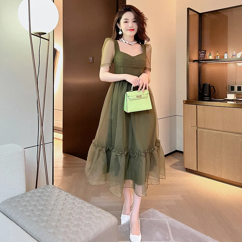 

ZYHT 5787 New Style Wholesale Organza Women Fairy Long Dress Elegant Wrap Chest Double-layer Stitching Mesh Dresses