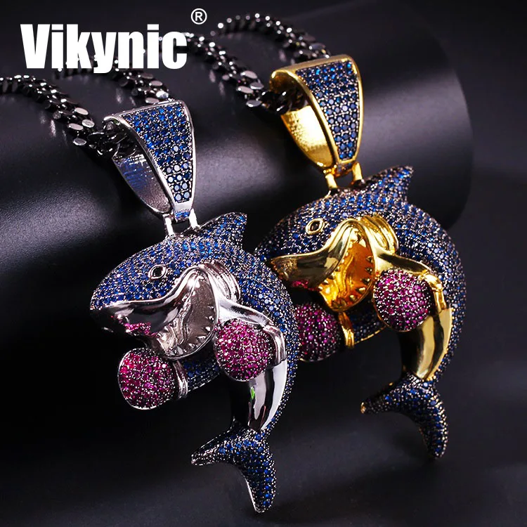 

Hip hop 18k Gold Plated Colored Boxing Shark Charm Pendant Cubic Zircon CZ Brass Pendant Cuban Link Iced Out Pendant