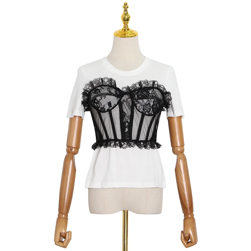 

CHICEVER Patchwork Lace Women T Shirt O Neck Short Sleeve Top Back Split Casual T Shirts Female 2020 Summer Fashion