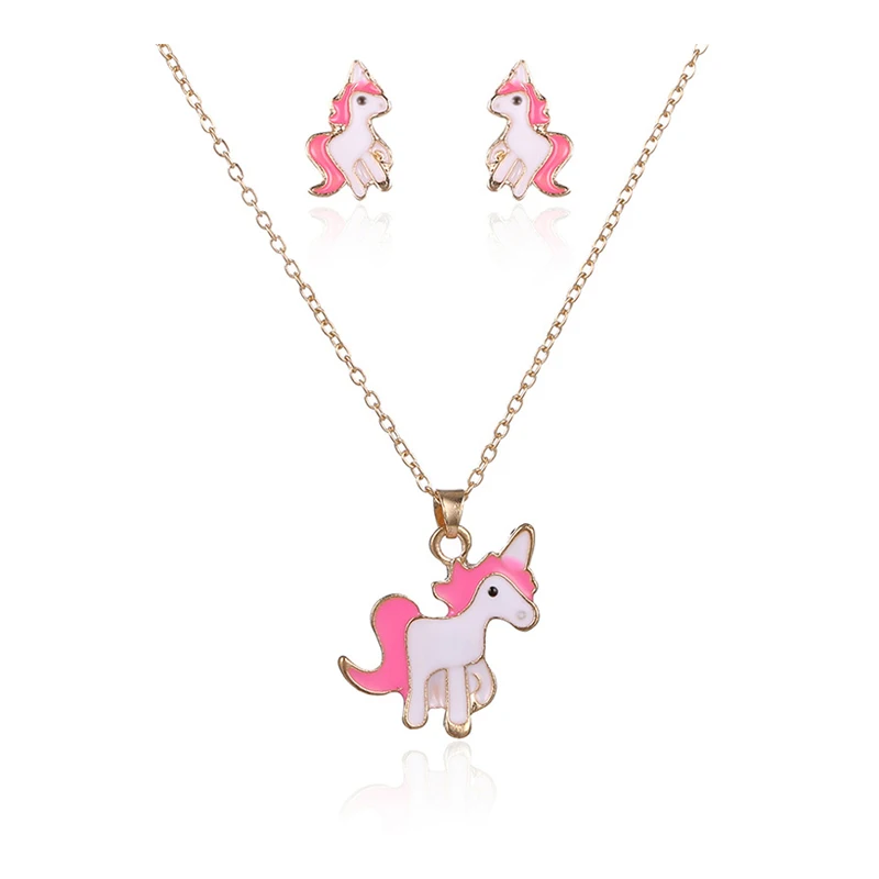 

New arrived pink unicorn necklace trend drop glazed colors material 18kgp necklace and earring sets for girls kids