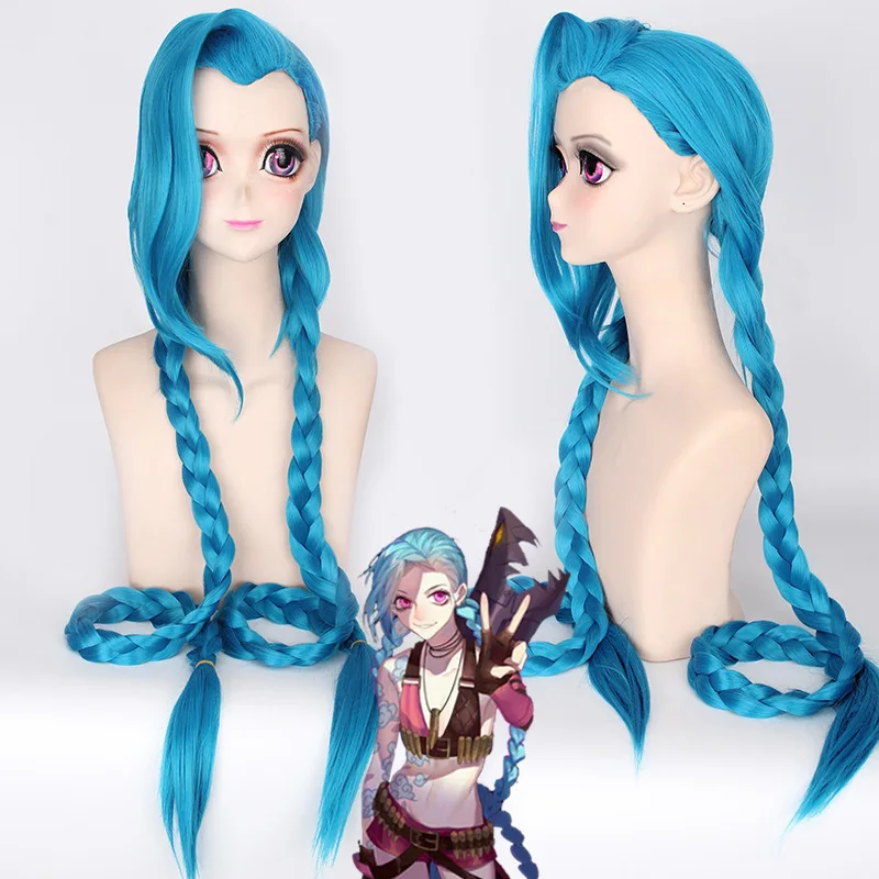 

cosplay wig anime Costume LOL Jinx Cosplay Wigs Women Blue Double Ponytail Braids Girls Long Hair 120cm For Halloween Party