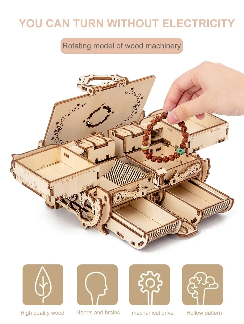Laser Cutting 3D Wooden Puzzle Assembled Creative Mechanical Transmission Antique Jewelry Box Model Assembled Toy Gift