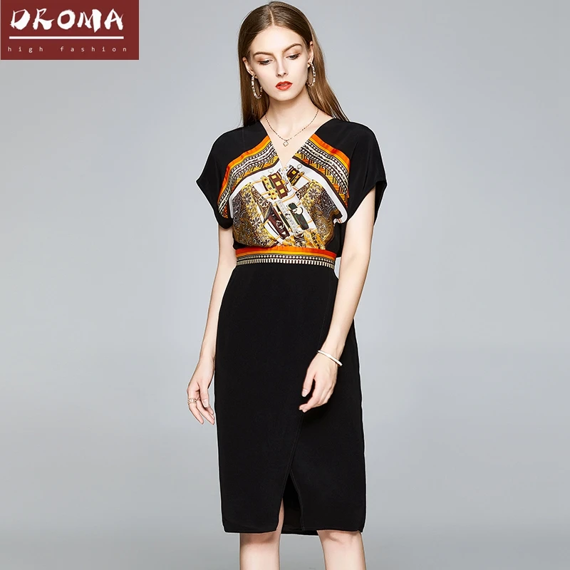 

Droma in stock 2020 latest design black fashion sexy v neck vintage print patchwork plus size women summer casual dresses