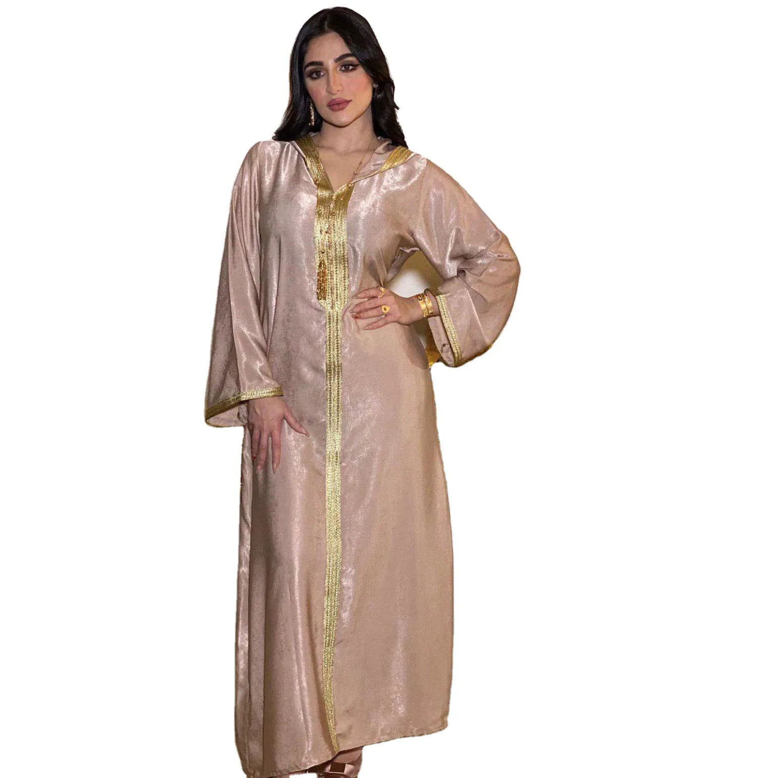 

Factory Supply Middle East Turkey islamic clothing hooded abaya dress with ribbon lace women kaftan dresses muslim woman, Champagne, red, green, white