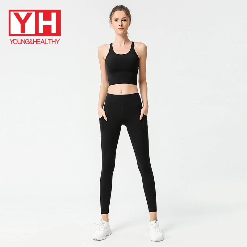 

YH Sporting Fast Shipping RTS High Quality Scrunch 2 Pieces Plain Blank Women's Yoga Set Custom Logo