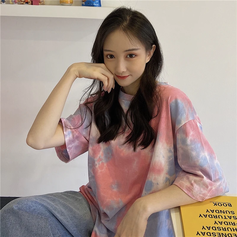 

Wholesale Womens Summer Oversize Short Sleeve Tie Dye T Shirt, Picture showed
