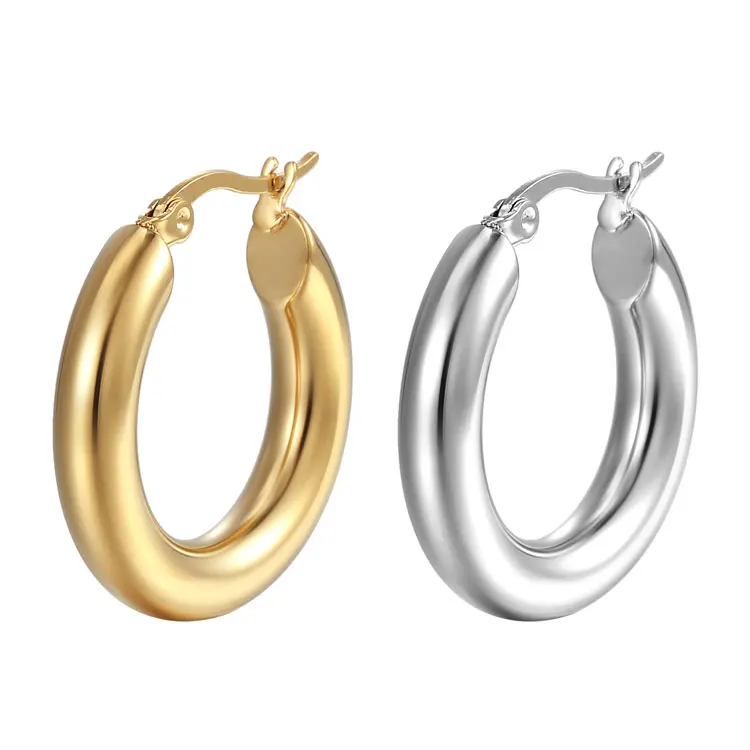 

SC Hot Selling 18K Gold Plated Huggie Earrings Women Fashion 20mm 25mm 30mm Stainless Steel Hollow Tube Chunky Hoop Earrings