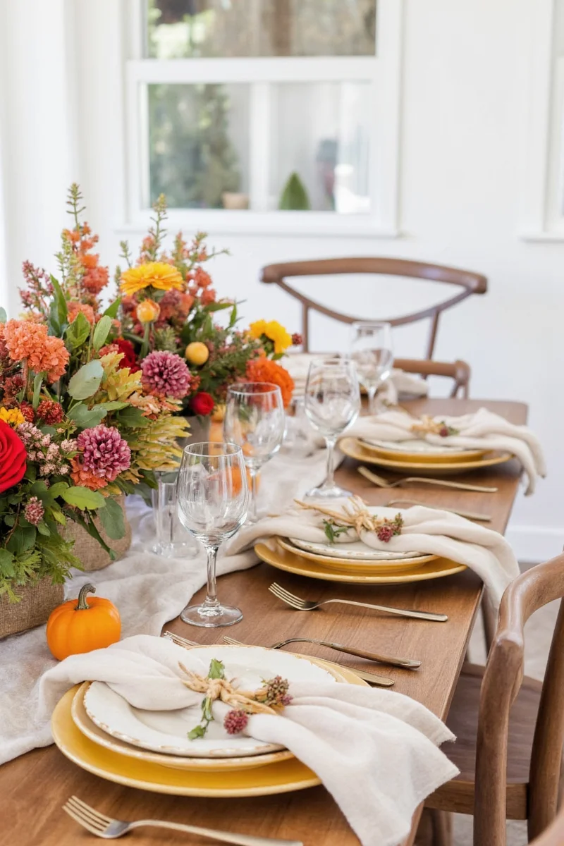 Joyful family gathered around a beautifully set Thanksgiving dinner table