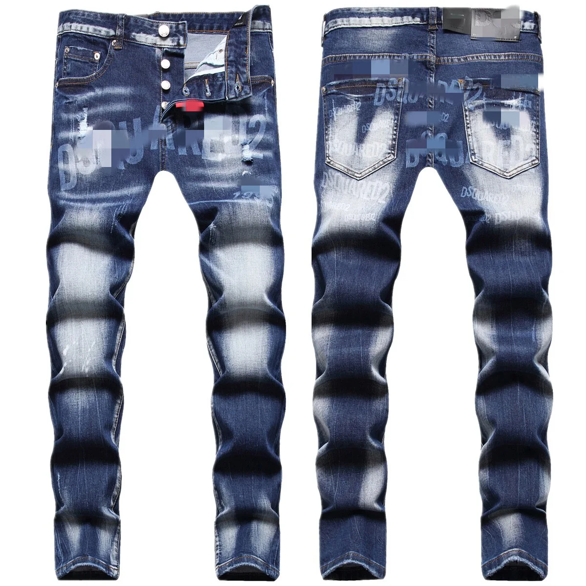 

AeeDenim OEM High-end four seasons ripped patch laser burnt d2 jeans men's elastic slim small straight trendy street style
