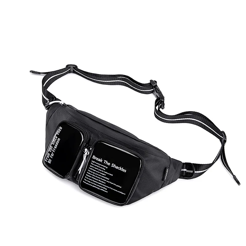 

Hip Hop Street Fashion Design PVC Letter Printing Polyester Chest Bag Men Women Outdoor Running Hiking Cool Black Waist Bag