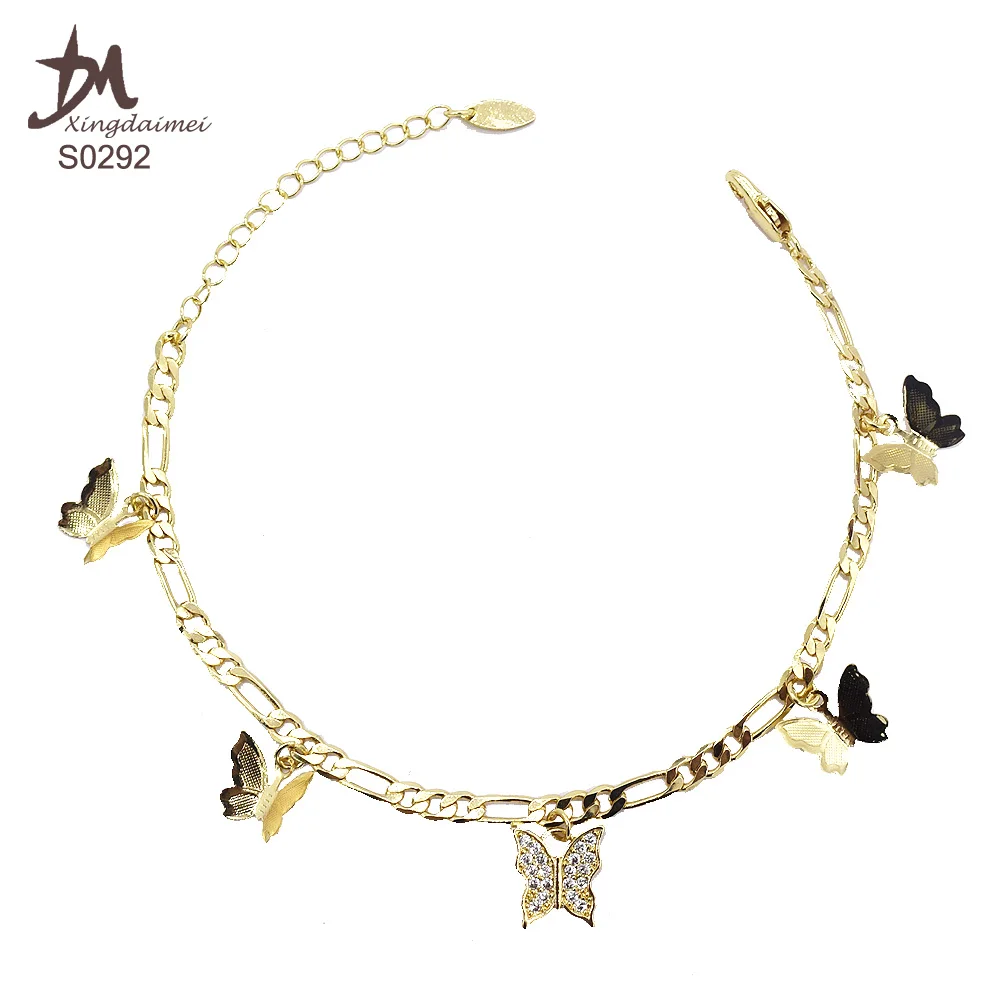 

S0292 Wholesale high quality Cuban chain Butterfly zircon anklet bracelet, 18k gold