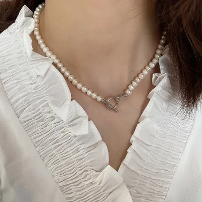 

Vintage INS Trendy Jewelry Baroque Pearl Tennis Chain Necklaces S925 White Freshwater Pearls Choker Necklace for Women