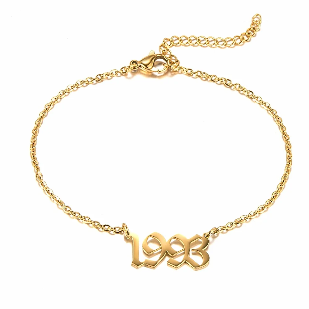 

Birth Year Custom Ankle Bracelet Anklets Fashion Jewelry Stainless Steel gold plated Ankle Bracelet For Women, 18k gold