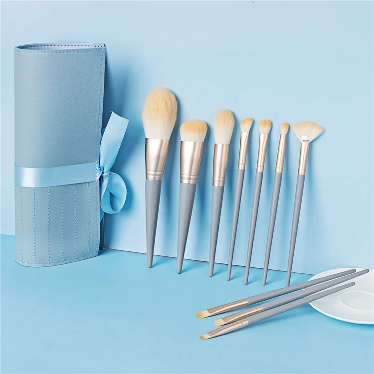

10PC Blue Luxury Vegan Private Label High Quality Makeup Brushes With Pouch In Wholesale Prices Powder Blush Cosmetic Tools