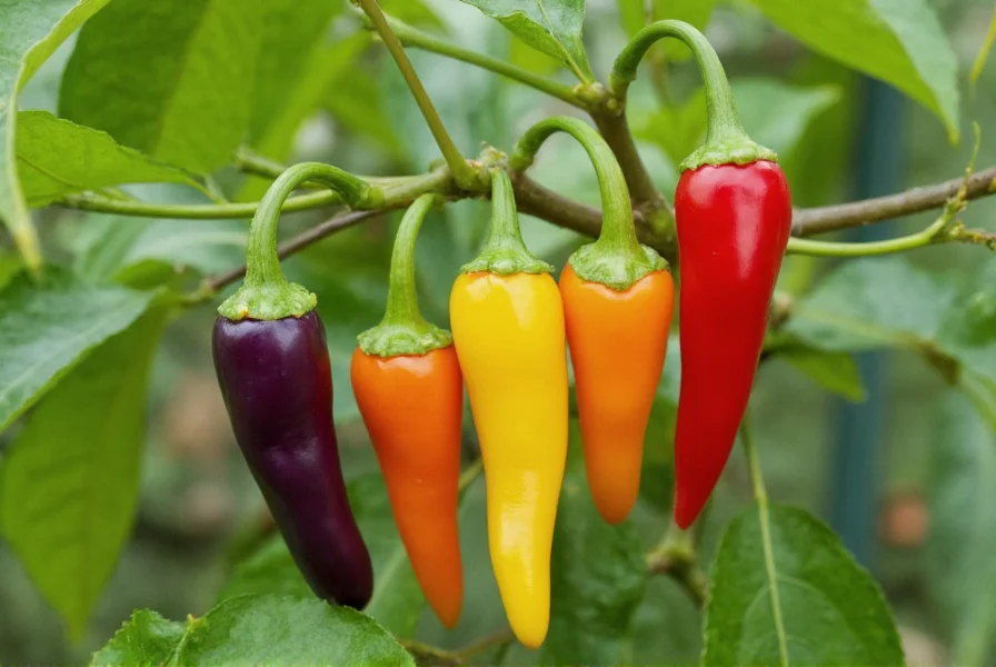 Chinese five color pepper plant showing multiple ripening stages on a single plant with purple, yellow, orange and red peppers