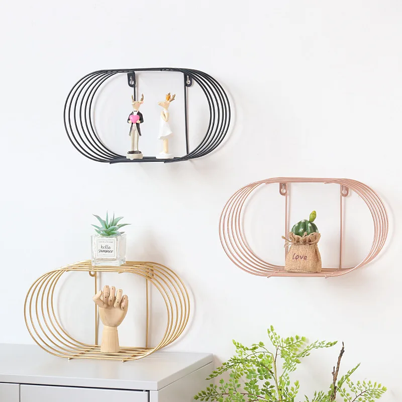 

Nordic Modern Simple Oval Wrought Iron Wall Shelf Creative Home Bedroom Wall Decoration Storage Rack Minimalist Home Decoration, As photo