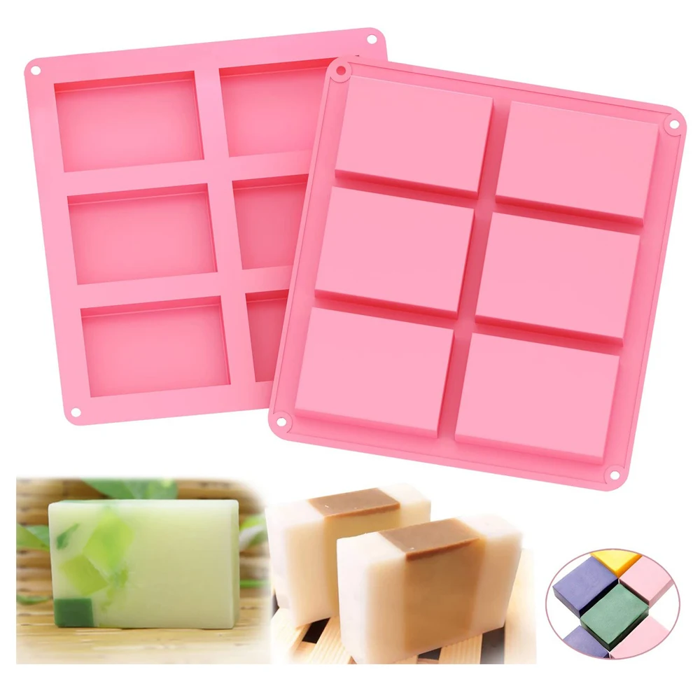 

Hot Selling 6 Cavity Food Grade Handmade DIY Rectangle Shape Pink Silicone Soap Mold, Pink,blue,purple