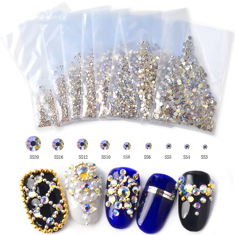 

Hot Sale Shiny AB Glass Crystal Rhinestones Mix Sizes Shiny Flatback 3d Nail Art Decorations, As picture show