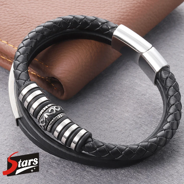 

Stars Forever Custom Logo Magnetic Stainless Steel Multiple Braided Black Leather Bracelet for Men