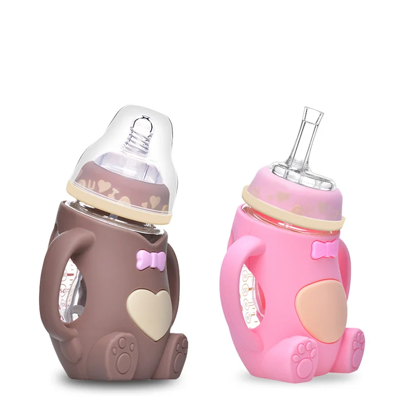 

100% Food Grade manufacturers smart hands free baby silicone milk feeding baby bottle, Pink/rose red/blue/light purple