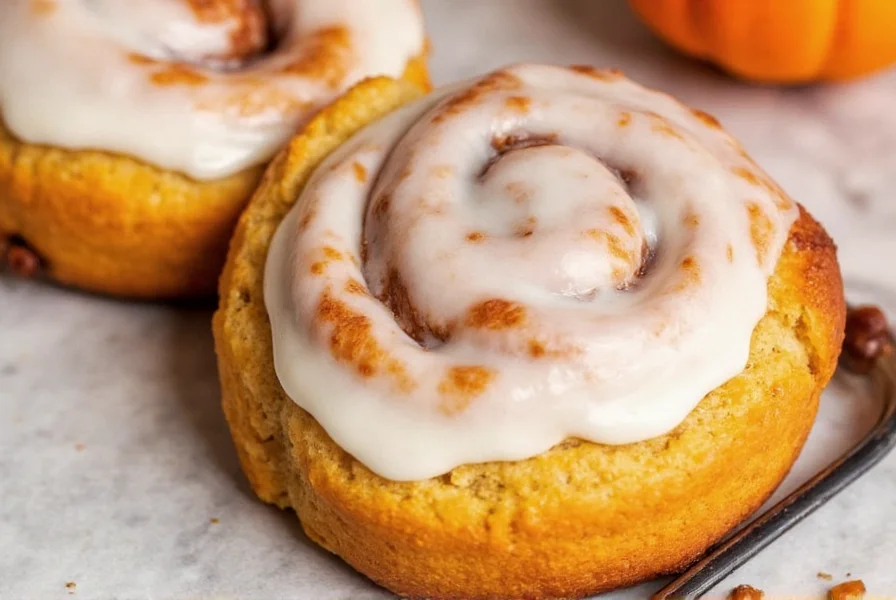 Perfectly baked pumpkin cinnamon buns with gooey center and cream cheese frosting drizzle on wooden serving board