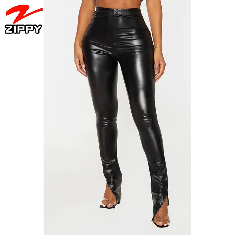 

Skinny Ladies Trousers 2021High Elastic Waist PU Leather Bodycon Shape khaki PU split hem trousers Leather pants for women, Customized color