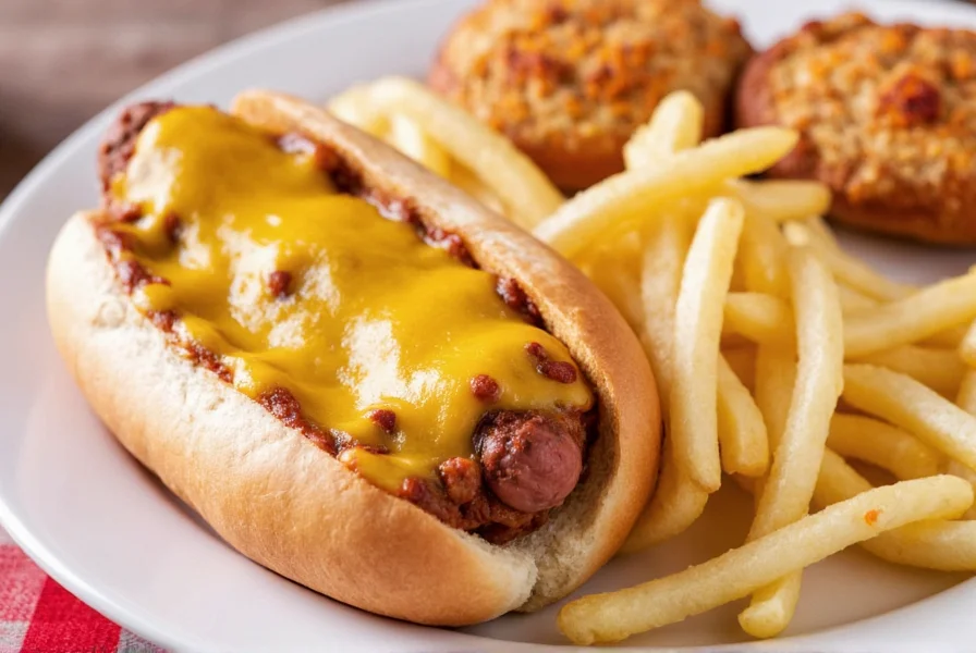 Classic Steak n shake Chili Cheese Coney with melted cheese on a hot dog served on a white plate with fries