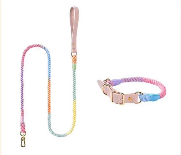 

Adjustable Durable Macaron Rainbow Gradient Color Cotton Rope Cat Dog Collar and leash Set with Leather Strap and Metal Buckle