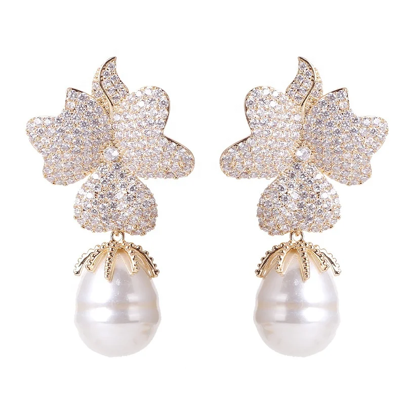 

Fashion Rose red Big Flower Full stone Setting Irregular Pearl Drop Earrings Women Wedding bride Party Jewelry Gift, Customized color