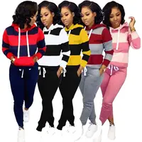 

New Arrivals Spring Women Hooded Drawstring Long Sleeve Sweater Slim Pants 2 Pieces Set Striped Patchwork Outfits Tracksuit