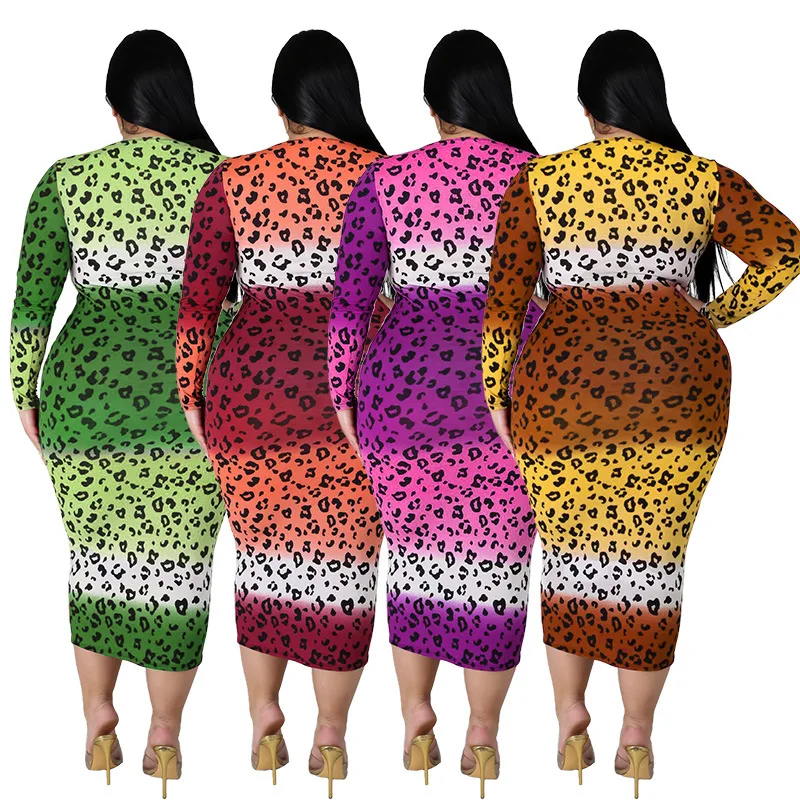 

Wholesale Autumn Women Leopard Print Plus Size Maxi Long Sleeve Casual Long Dress