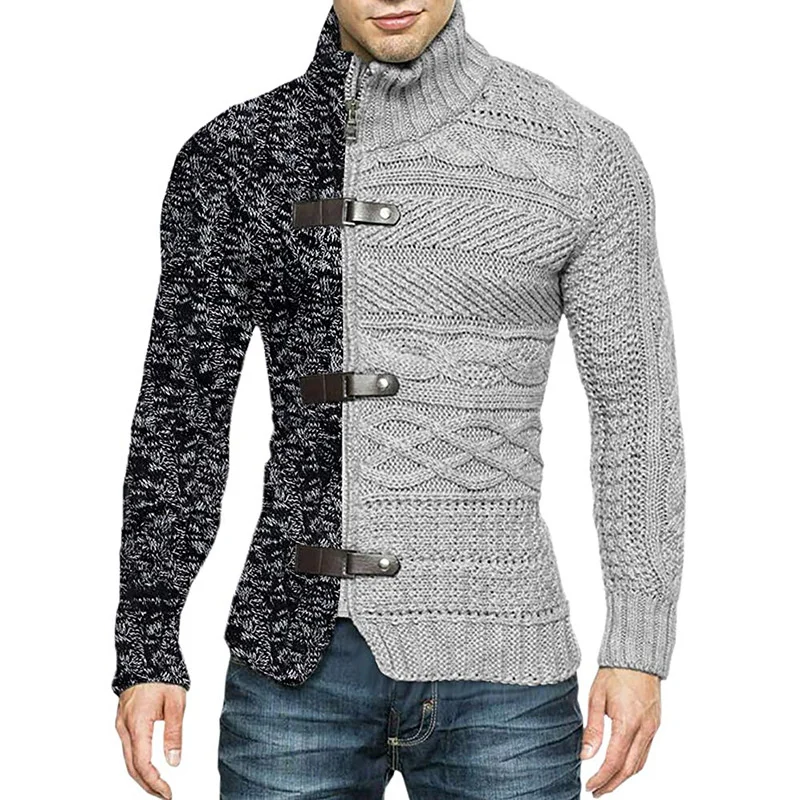 

SW001 Turtleneck sweater men's color matching leather button long-sleeved knitted cardigan plus size men's