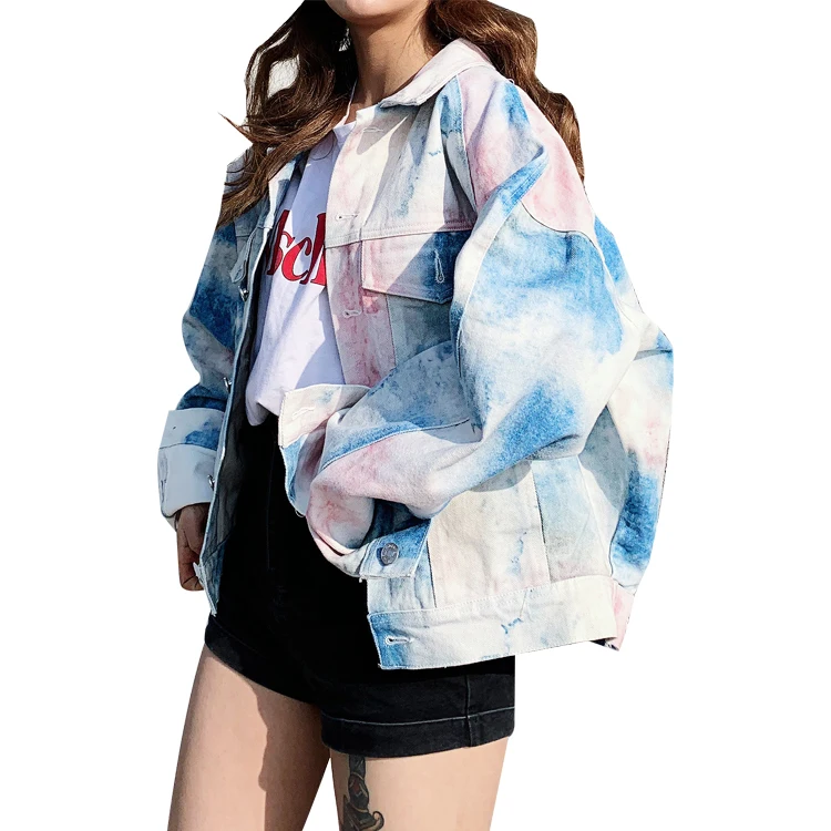 

YIZHIQIU premium fall pink and blue bomber oversized tie dye women denim jacket