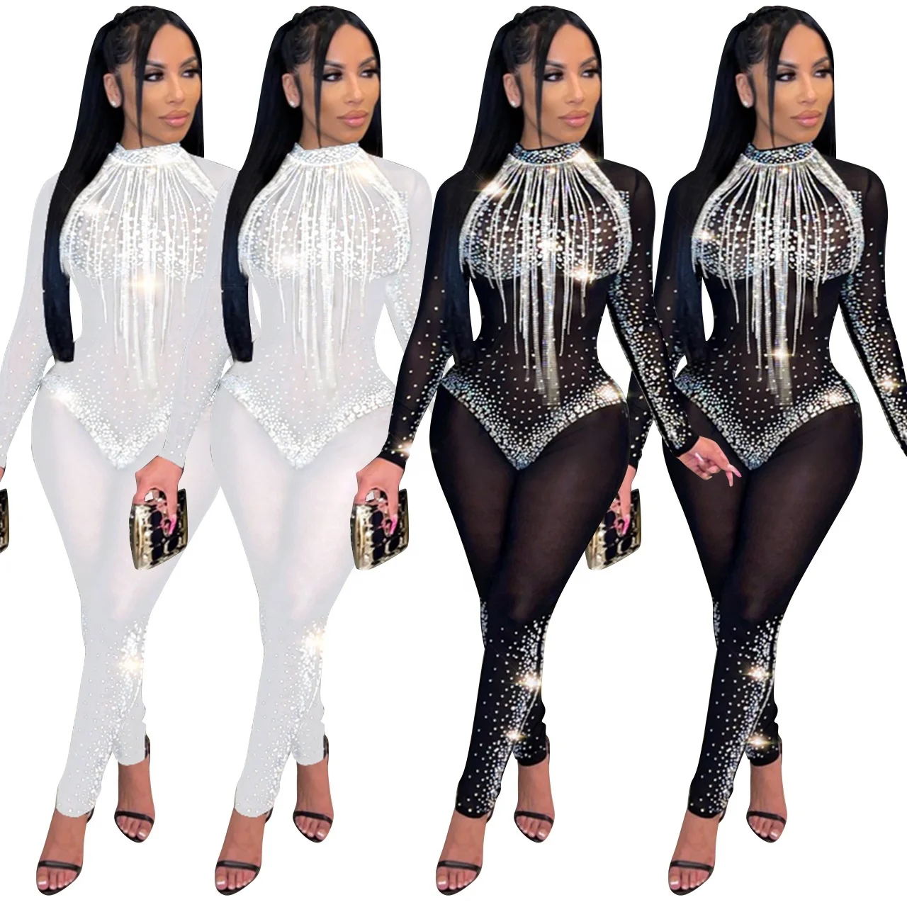 

LANOZY Ladies Sexy Perspectivity Long Sleeve Rhinestone Bodycon Jumpsuit Nightclubs Women One Piece Jumpsuits, Black,white