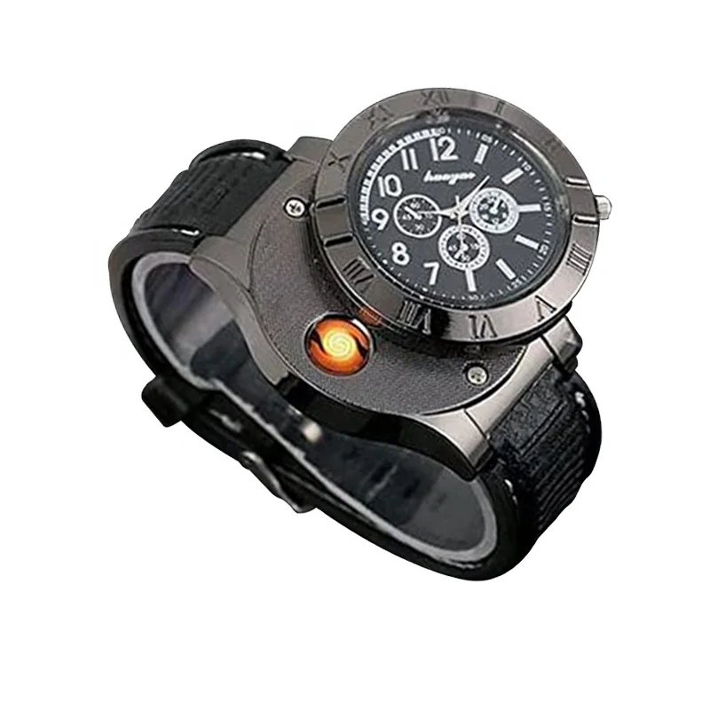 

Windproof Cigrate Lighter Gents Watches Men's Casual Quartz Watch With USB Rechargeable Electric Cigarette Lighter, Black / brown