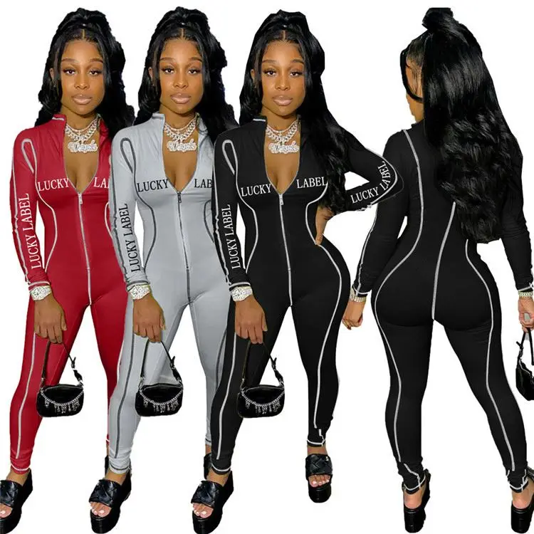 

MD-2021010434 Hot Onsale Letter Printed Zipper Stretchy 2021 Women Fashion Clothing Women One Piece Jumpsuits And Rompers