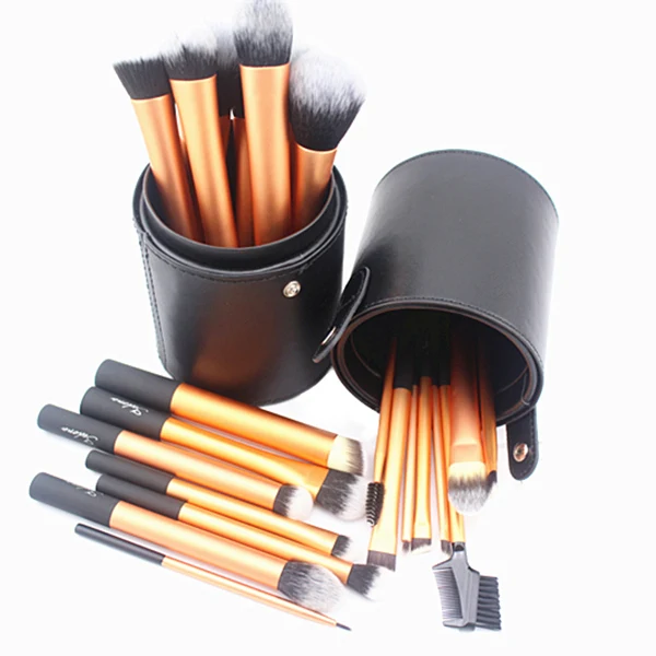 

HZM gold makeup kit with cylinder brush case,long aluminium make up set free sample,high-end professional makeup brushes set